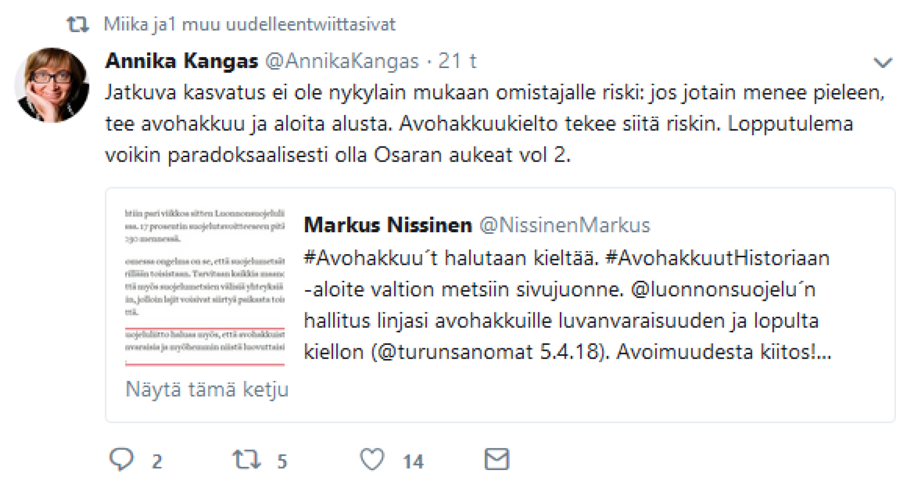 Annika Kankaan twiitti 23.5.2018